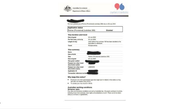 Australia visa subclass 309