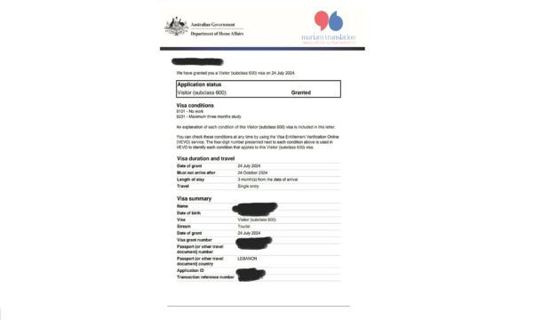 Australia visa subclass 600